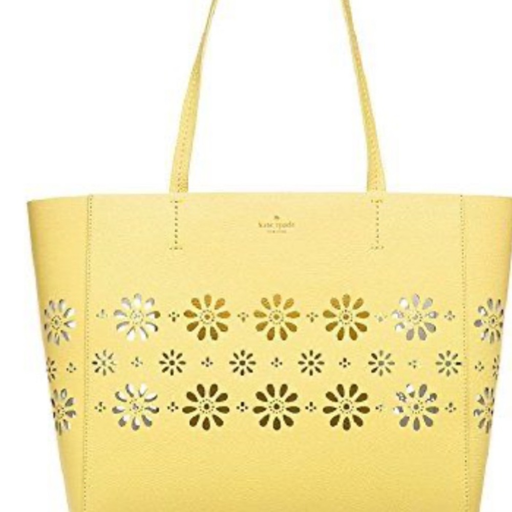Kate Spade Womens Faye Drive Hallie Floral Leather Tote Handbag Yellow Large